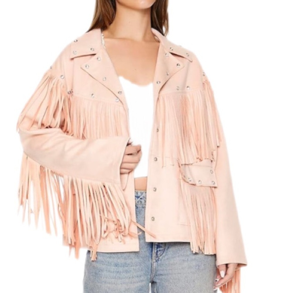 Forever 21 Pink Leather Fringe Gem Jacket Faux Leather and Gemstones Medium - Picture 4 of 6